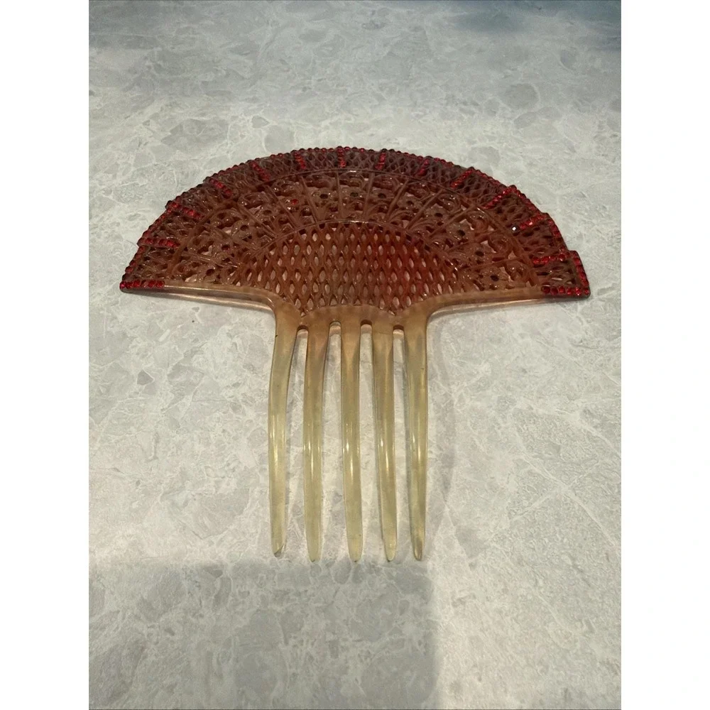 Vintage Hair Comb Art Deco  Celluloid Fan Design Red Rhinestones  6 In X 6 1/2.